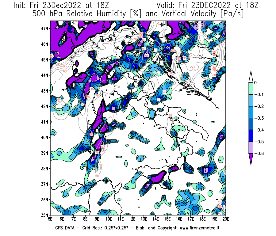 Mappa di analisi GFS - Umidità relativa [%] e Omega [Pa/s] a 500 hPa in Italia
							del 23/12/2022 18 <!--googleoff: index-->UTC<!--googleon: index-->