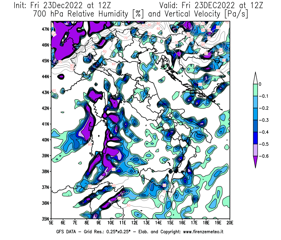 Mappa di analisi GFS - Umidità relativa [%] e Omega [Pa/s] a 700 hPa in Italia
							del 23/12/2022 12 <!--googleoff: index-->UTC<!--googleon: index-->
