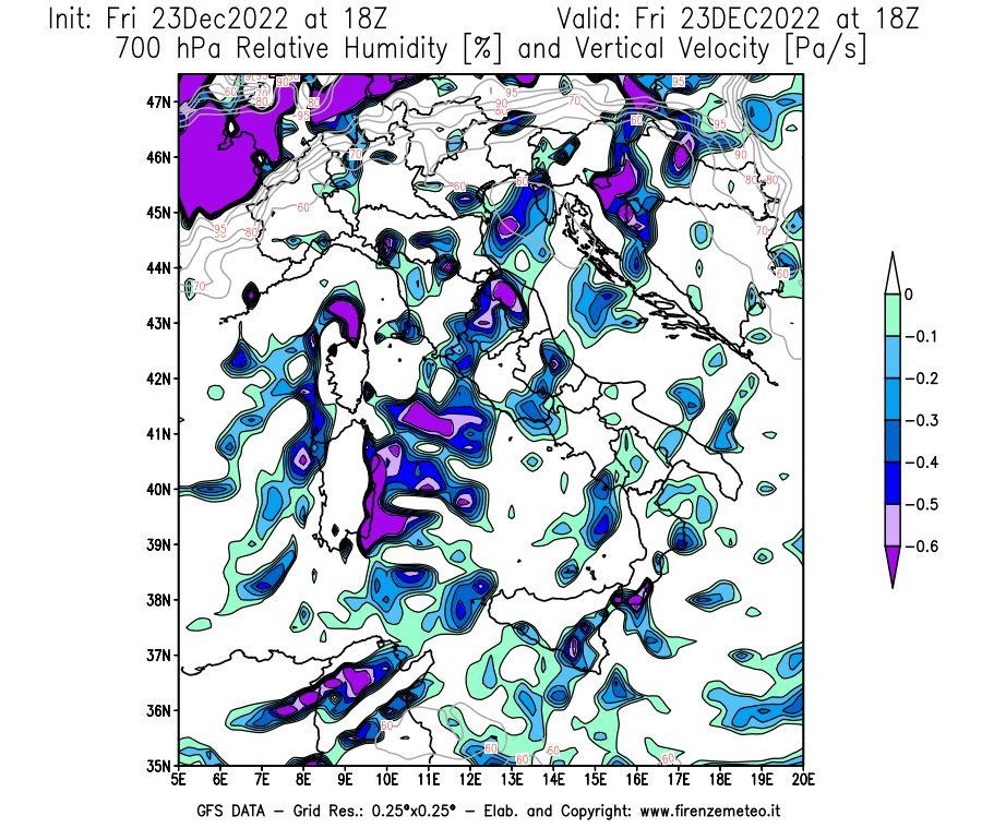 Mappa di analisi GFS - Umidità relativa [%] e Omega [Pa/s] a 700 hPa in Italia
							del 23/12/2022 18 <!--googleoff: index-->UTC<!--googleon: index-->