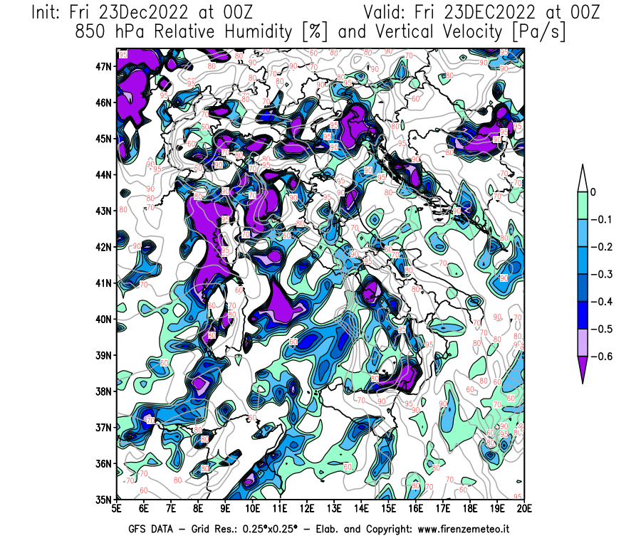 Mappa di analisi GFS - Umidità relativa [%] e Omega [Pa/s] a 850 hPa in Italia
							del 23/12/2022 00 <!--googleoff: index-->UTC<!--googleon: index-->