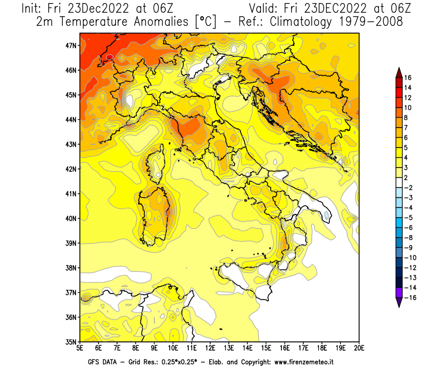 Mappa di analisi GFS - Anomalia Temperatura a 2 m in Italia
							del 23 dicembre 2022 z06