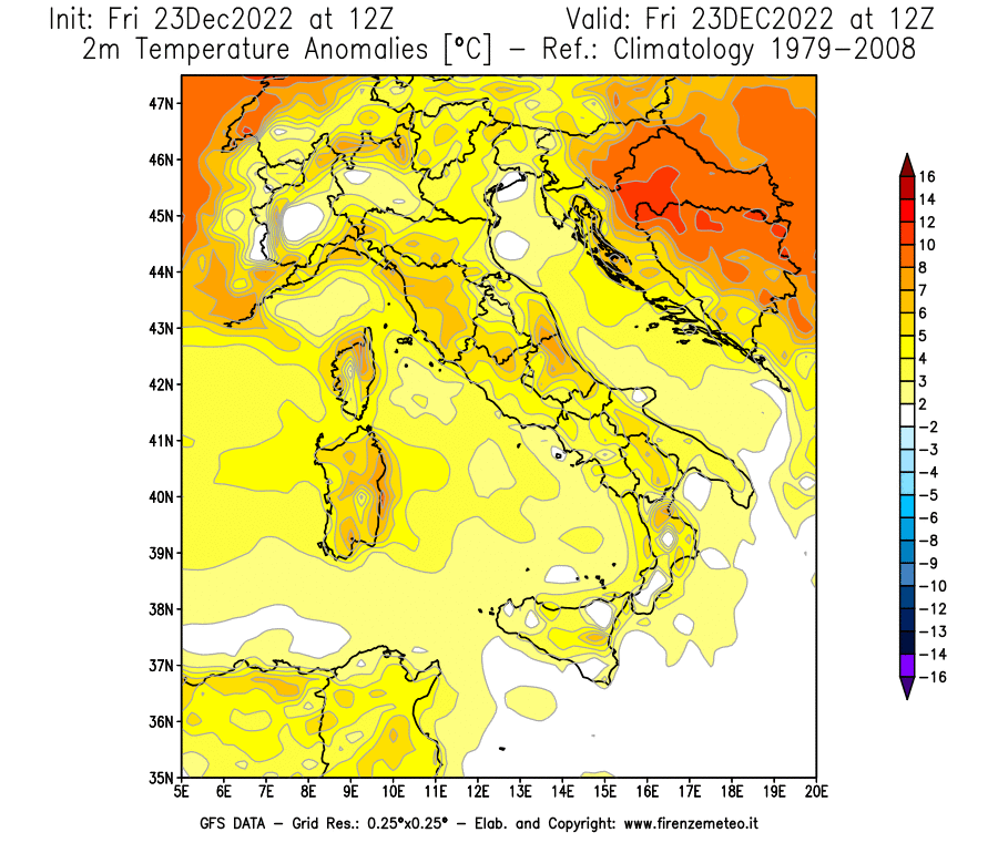 Mappa di analisi GFS - Anomalia Temperatura [°C] a 2 m in Italia
							del 23/12/2022 12 <!--googleoff: index-->UTC<!--googleon: index-->