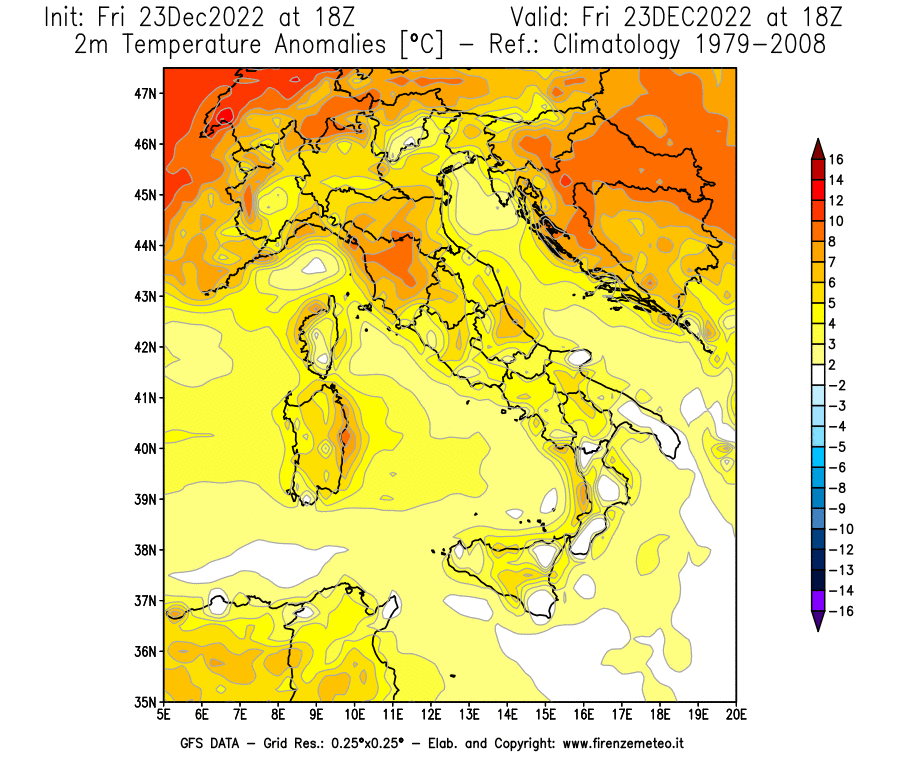 Mappa di analisi GFS - Anomalia Temperatura a 2 m in Italia
							del 23 dicembre 2022 z18