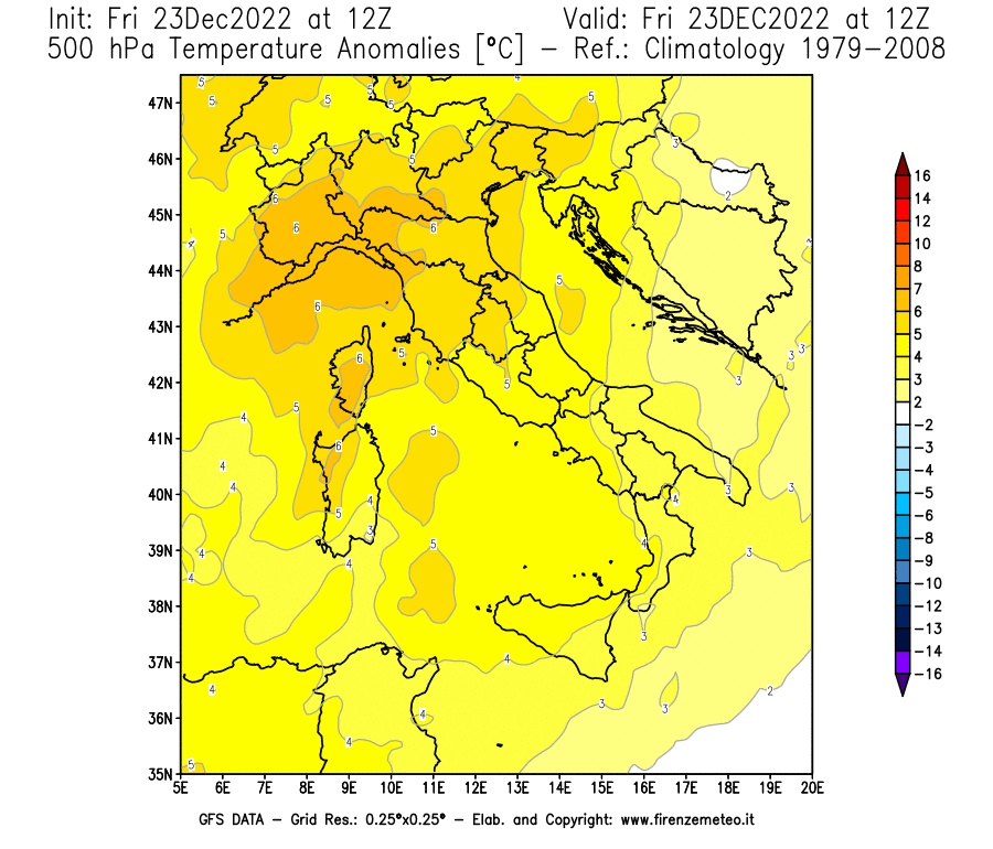 Mappa di analisi GFS - Anomalia Temperatura [°C] a 500 hPa in Italia
							del 23/12/2022 12 <!--googleoff: index-->UTC<!--googleon: index-->