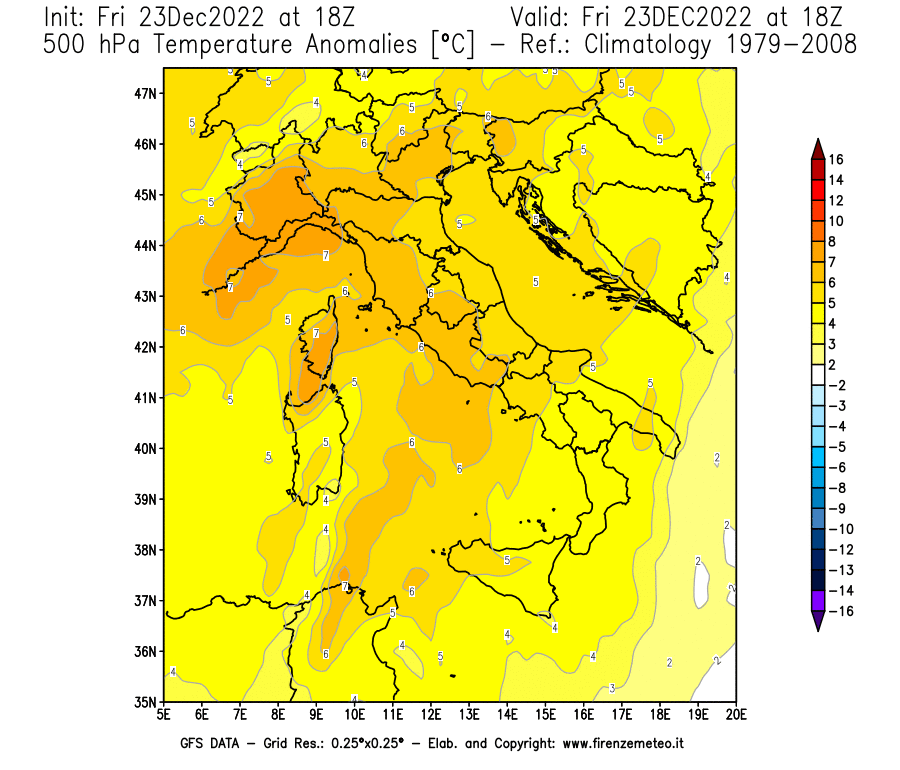 Mappa di analisi GFS - Anomalia Temperatura [°C] a 500 hPa in Italia
							del 23/12/2022 18 <!--googleoff: index-->UTC<!--googleon: index-->