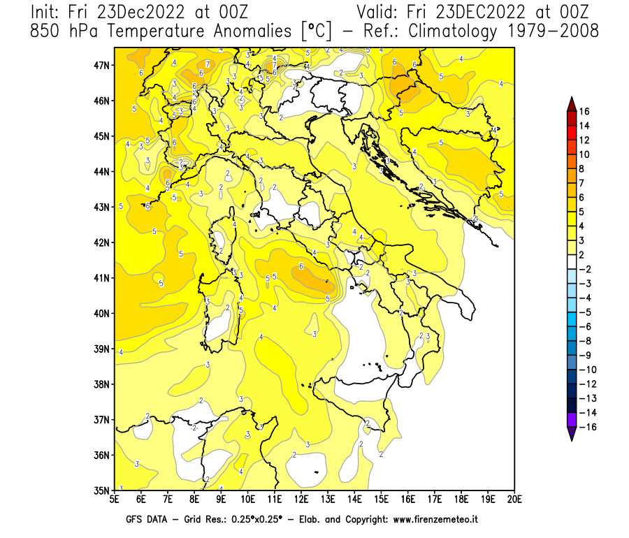 Mappa di analisi GFS - Anomalia Temperatura a 850 hPa in Italia
							del 23 dicembre 2022 z00