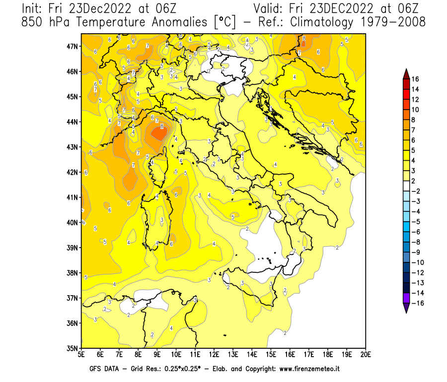 Mappa di analisi GFS - Anomalia Temperatura [°C] a 850 hPa in Italia
							del 23/12/2022 06 <!--googleoff: index-->UTC<!--googleon: index-->