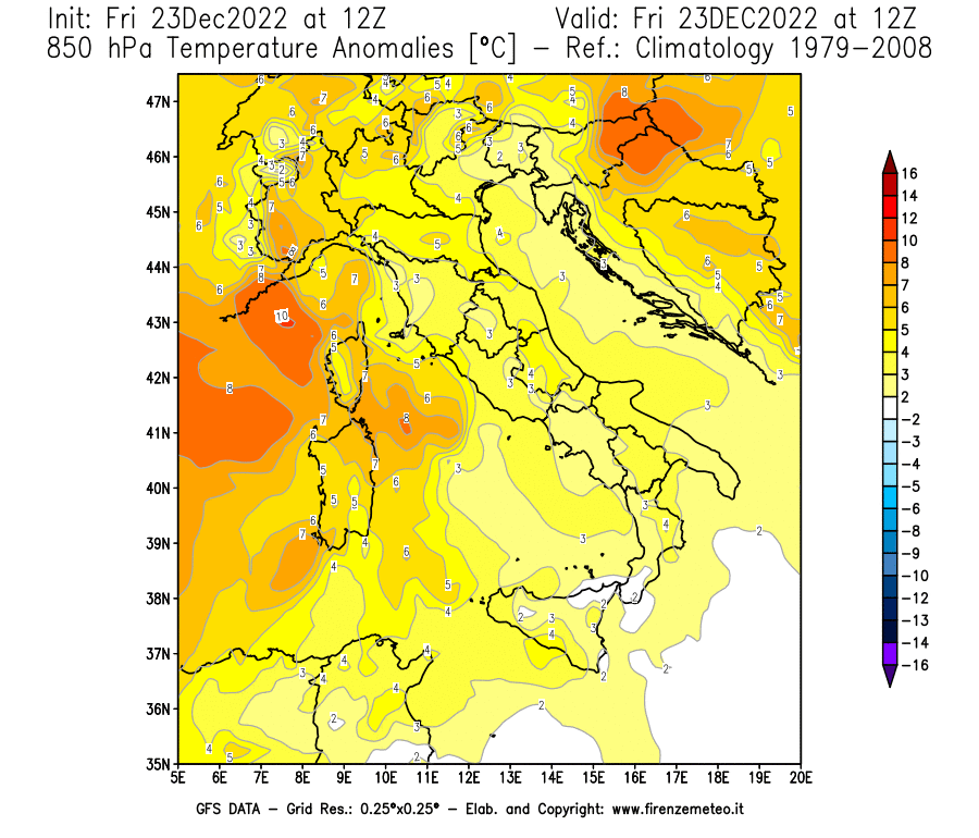 Mappa di analisi GFS - Anomalia Temperatura [°C] a 850 hPa in Italia
							del 23/12/2022 12 <!--googleoff: index-->UTC<!--googleon: index-->