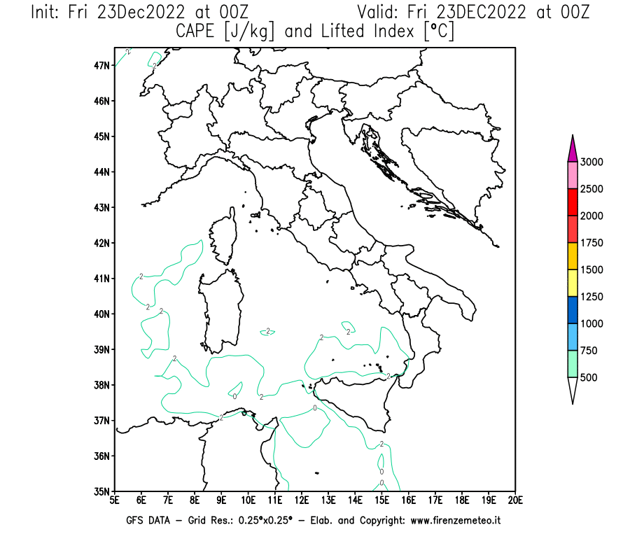 Mappa di analisi GFS - CAPE [J/kg] e Lifted Index [°C] in Italia
							del 23/12/2022 00 <!--googleoff: index-->UTC<!--googleon: index-->