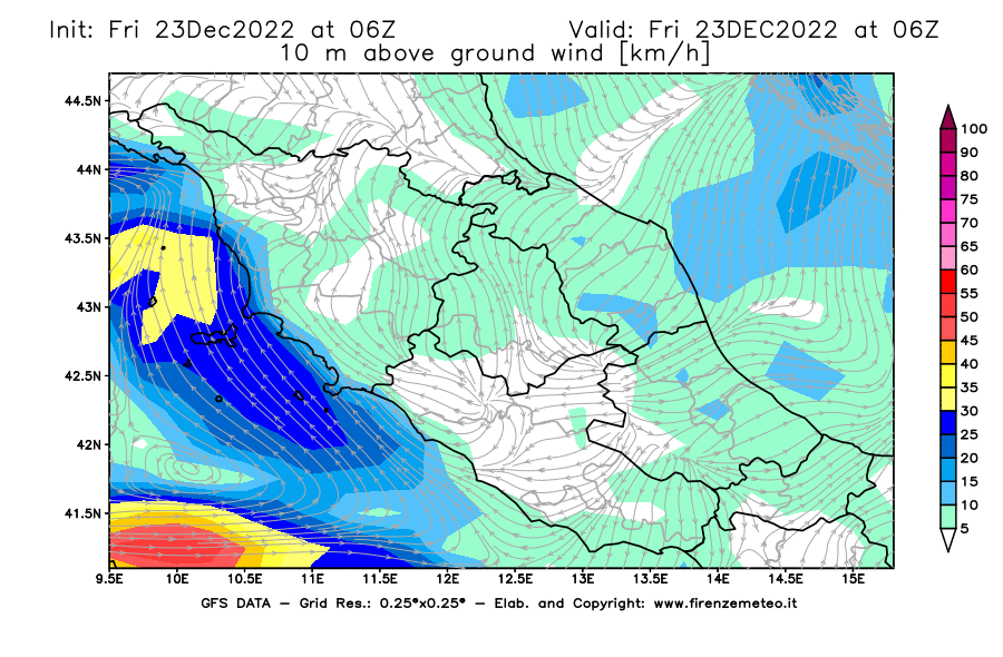 Mappa di analisi GFS - Velocità del vento a 10 metri dal suolo [km/h] in Centro-Italia
							del 23/12/2022 06 <!--googleoff: index-->UTC<!--googleon: index-->