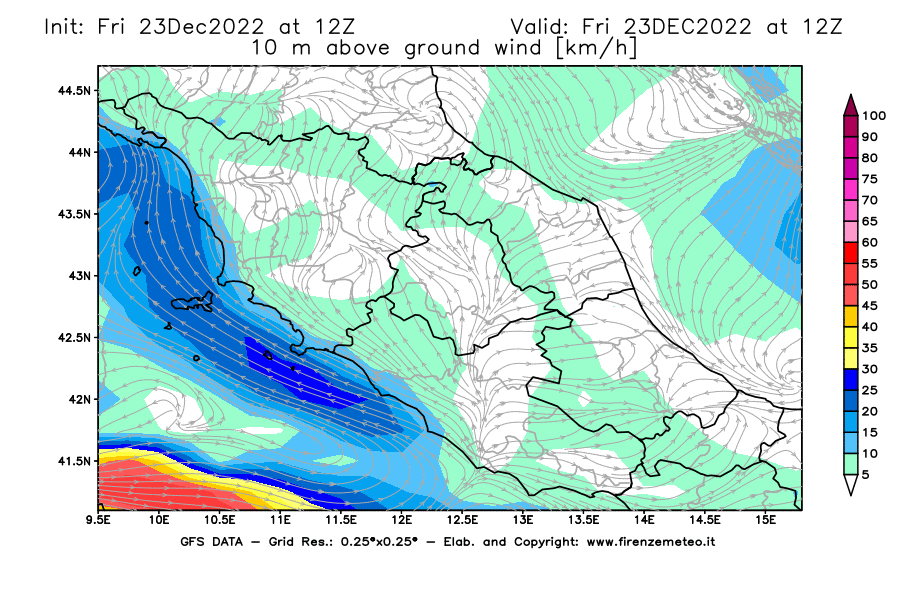 Mappa di analisi GFS - Velocità del vento a 10 metri dal suolo [km/h] in Centro-Italia
							del 23/12/2022 12 <!--googleoff: index-->UTC<!--googleon: index-->