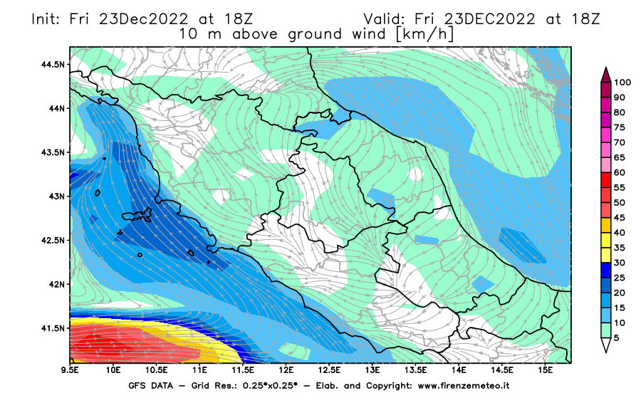 Mappa di analisi GFS - Velocità del vento a 10 metri dal suolo in Centro-Italia
							del 23 dicembre 2022 z18