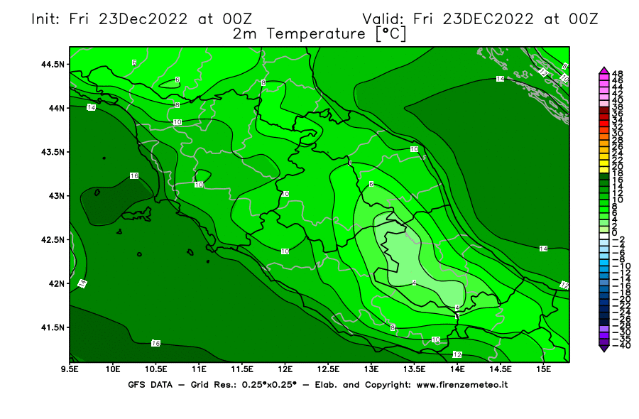 Mappa di analisi GFS - Temperatura a 2 metri dal suolo [°C] in Centro-Italia
							del 23/12/2022 00 <!--googleoff: index-->UTC<!--googleon: index-->