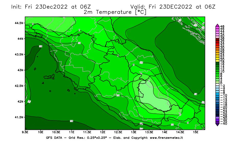 Mappa di analisi GFS - Temperatura a 2 metri dal suolo [°C] in Centro-Italia
							del 23/12/2022 06 <!--googleoff: index-->UTC<!--googleon: index-->