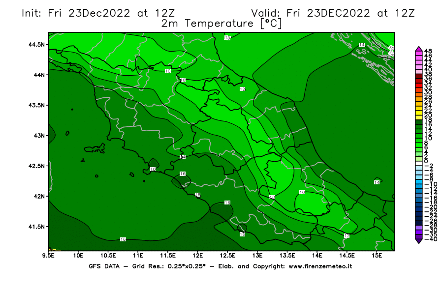 Mappa di analisi GFS - Temperatura a 2 metri dal suolo [°C] in Centro-Italia
							del 23/12/2022 12 <!--googleoff: index-->UTC<!--googleon: index-->