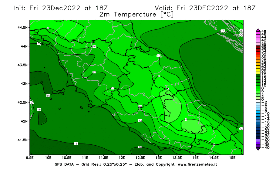 Mappa di analisi GFS - Temperatura a 2 metri dal suolo [°C] in Centro-Italia
							del 23/12/2022 18 <!--googleoff: index-->UTC<!--googleon: index-->