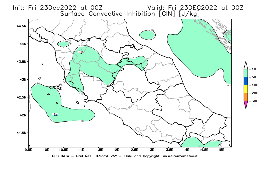 Mappa di analisi GFS - CIN [J/kg] in Centro-Italia
							del 23/12/2022 00 <!--googleoff: index-->UTC<!--googleon: index-->