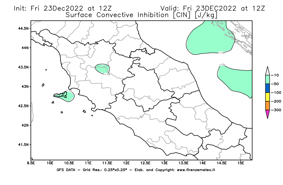 Mappa di analisi GFS - CIN [J/kg] in Centro-Italia
							del 23/12/2022 12 <!--googleoff: index-->UTC<!--googleon: index-->