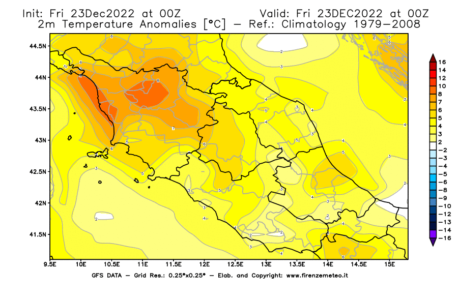 Mappa di analisi GFS - Anomalia Temperatura [°C] a 2 m in Centro-Italia
							del 23/12/2022 00 <!--googleoff: index-->UTC<!--googleon: index-->