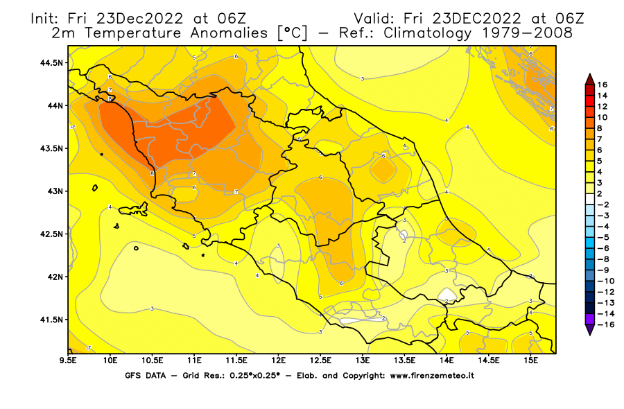 Mappa di analisi GFS - Anomalia Temperatura [°C] a 2 m in Centro-Italia
							del 23/12/2022 06 <!--googleoff: index-->UTC<!--googleon: index-->