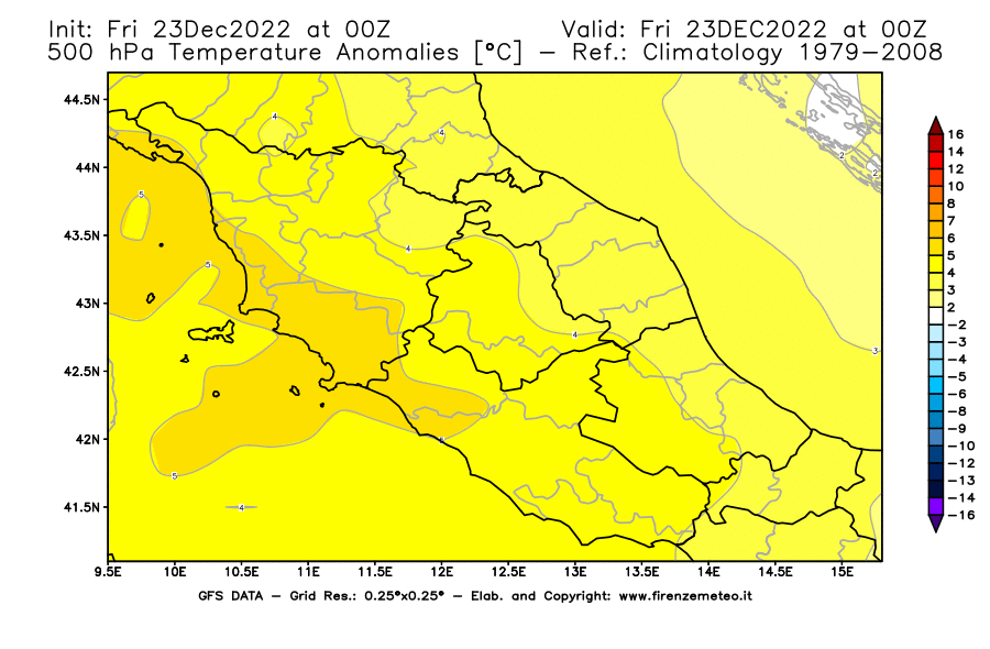Mappa di analisi GFS - Anomalia Temperatura a 500 hPa in Centro-Italia
							del 23 dicembre 2022 z00