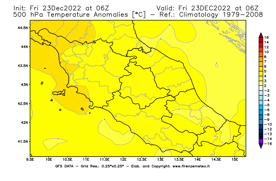 Mappa di analisi GFS - Anomalia Temperatura [°C] a 500 hPa in Centro-Italia
							del 23/12/2022 06 <!--googleoff: index-->UTC<!--googleon: index-->