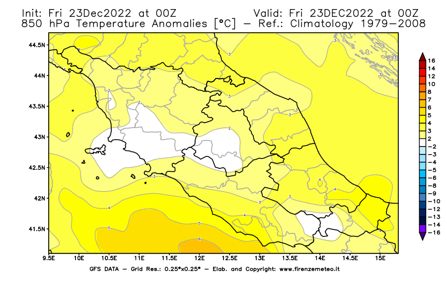 Mappa di analisi GFS - Anomalia Temperatura [°C] a 850 hPa in Centro-Italia
							del 23/12/2022 00 <!--googleoff: index-->UTC<!--googleon: index-->