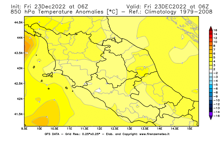 Mappa di analisi GFS - Anomalia Temperatura [°C] a 850 hPa in Centro-Italia
							del 23/12/2022 06 <!--googleoff: index-->UTC<!--googleon: index-->