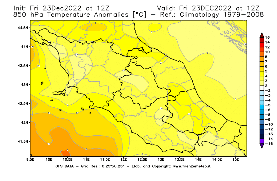 Mappa di analisi GFS - Anomalia Temperatura [°C] a 850 hPa in Centro-Italia
							del 23/12/2022 12 <!--googleoff: index-->UTC<!--googleon: index-->