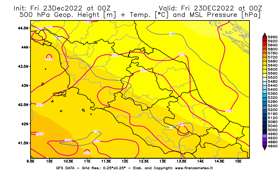 Mappa di analisi GFS - Geopotenziale [m] + Temp. [°C] a 500 hPa + Press. a livello del mare [hPa] in Centro-Italia
							del 23/12/2022 00 <!--googleoff: index-->UTC<!--googleon: index-->