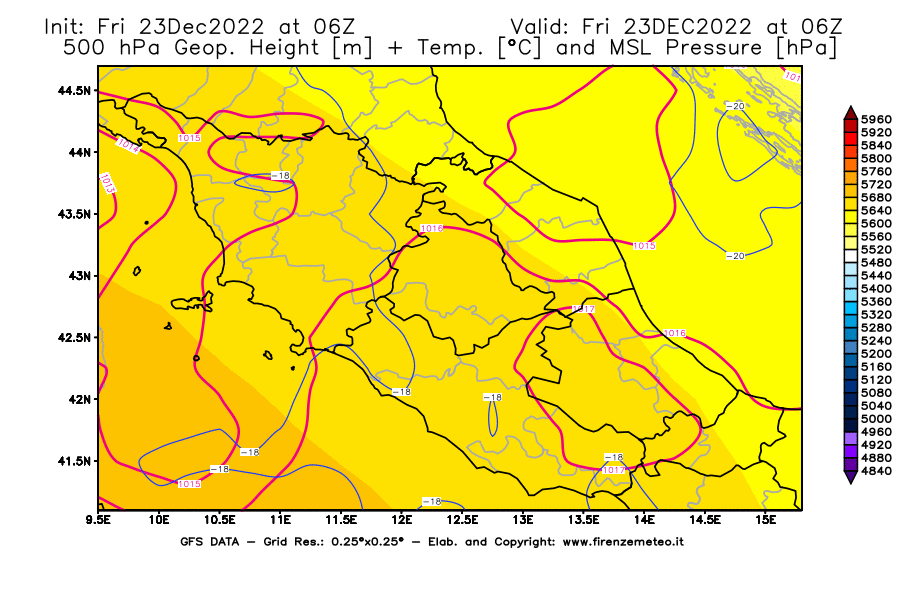 Mappa di analisi GFS - Geopotenziale [m] + Temp. [°C] a 500 hPa + Press. a livello del mare [hPa] in Centro-Italia
							del 23/12/2022 06 <!--googleoff: index-->UTC<!--googleon: index-->