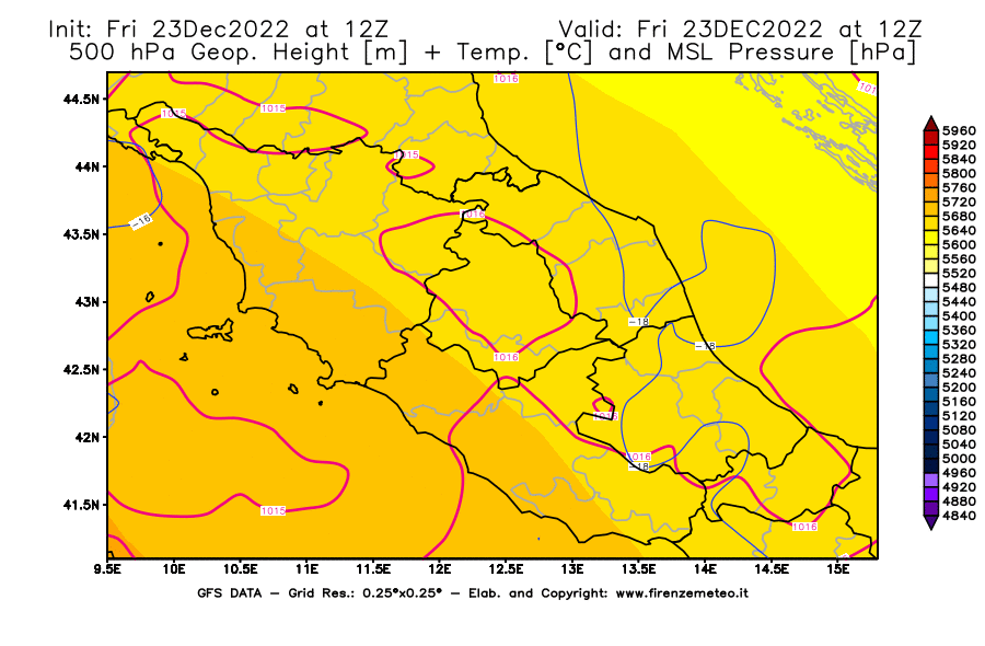 Mappa di analisi GFS - Geopotenziale [m] + Temp. [°C] a 500 hPa + Press. a livello del mare [hPa] in Centro-Italia
							del 23/12/2022 12 <!--googleoff: index-->UTC<!--googleon: index-->
