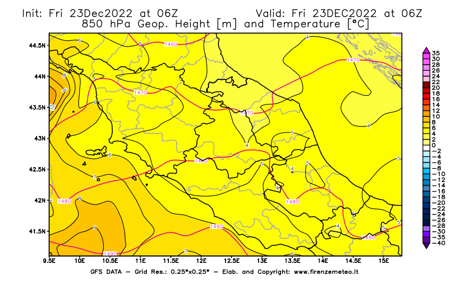 Mappa di analisi GFS - Geopotenziale [m] e Temperatura [°C] a 850 hPa in Centro-Italia
							del 23/12/2022 06 <!--googleoff: index-->UTC<!--googleon: index-->