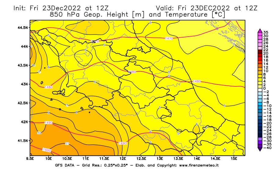 Mappa di analisi GFS - Geopotenziale [m] e Temperatura [°C] a 850 hPa in Centro-Italia
							del 23/12/2022 12 <!--googleoff: index-->UTC<!--googleon: index-->