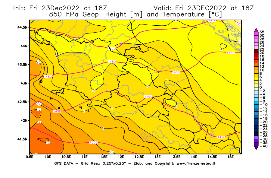 Mappa di analisi GFS - Geopotenziale [m] e Temperatura [°C] a 850 hPa in Centro-Italia
							del 23/12/2022 18 <!--googleoff: index-->UTC<!--googleon: index-->