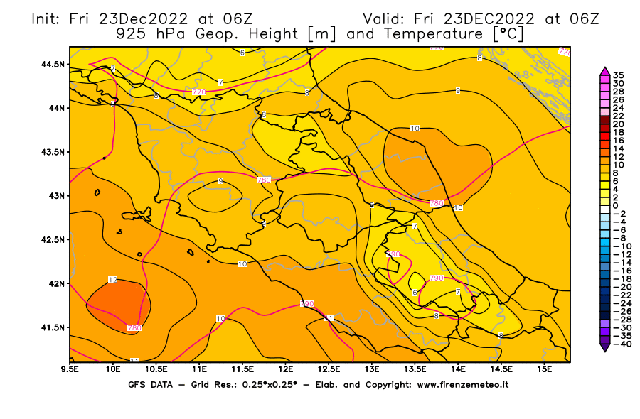 Mappa di analisi GFS - Geopotenziale [m] e Temperatura [°C] a 925 hPa in Centro-Italia
							del 23/12/2022 06 <!--googleoff: index-->UTC<!--googleon: index-->