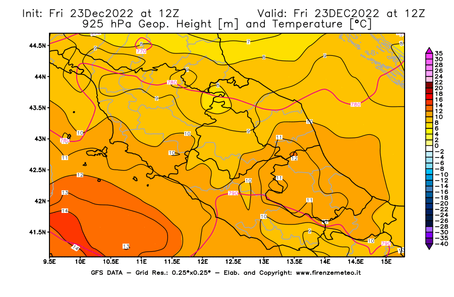 Mappa di analisi GFS - Geopotenziale [m] e Temperatura [°C] a 925 hPa in Centro-Italia
							del 23/12/2022 12 <!--googleoff: index-->UTC<!--googleon: index-->