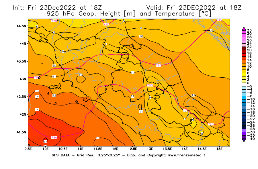 Mappa di analisi GFS - Geopotenziale [m] e Temperatura [°C] a 925 hPa in Centro-Italia
							del 23/12/2022 18 <!--googleoff: index-->UTC<!--googleon: index-->