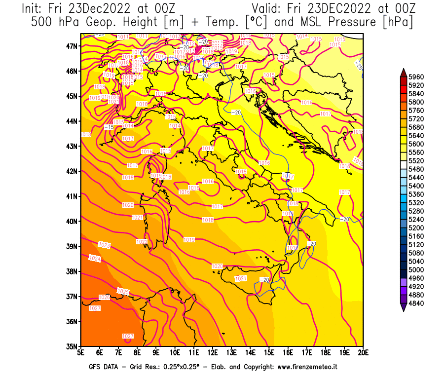 Mappa di analisi GFS - Geopotenziale [m] + Temp. [°C] a 500 hPa + Press. a livello del mare [hPa] in Italia
							del 23/12/2022 00 <!--googleoff: index-->UTC<!--googleon: index-->
