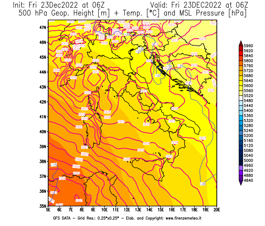 Mappa di analisi GFS - Geopotenziale [m] + Temp. [°C] a 500 hPa + Press. a livello del mare [hPa] in Italia
							del 23/12/2022 06 <!--googleoff: index-->UTC<!--googleon: index-->