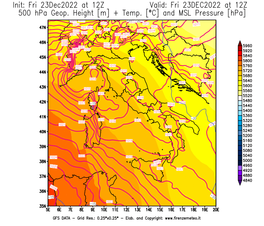 Mappa di analisi GFS - Geopotenziale [m] + Temp. [°C] a 500 hPa + Press. a livello del mare [hPa] in Italia
							del 23/12/2022 12 <!--googleoff: index-->UTC<!--googleon: index-->