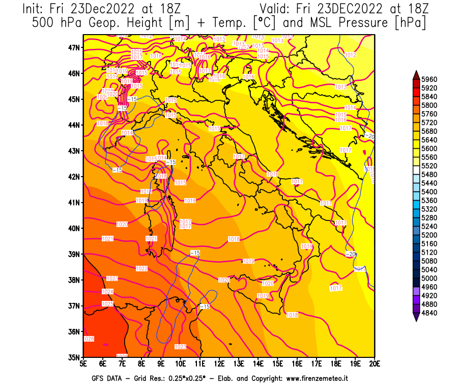 Mappa di analisi GFS - Geopotenziale [m] + Temp. [°C] a 500 hPa + Press. a livello del mare [hPa] in Italia
							del 23/12/2022 18 <!--googleoff: index-->UTC<!--googleon: index-->