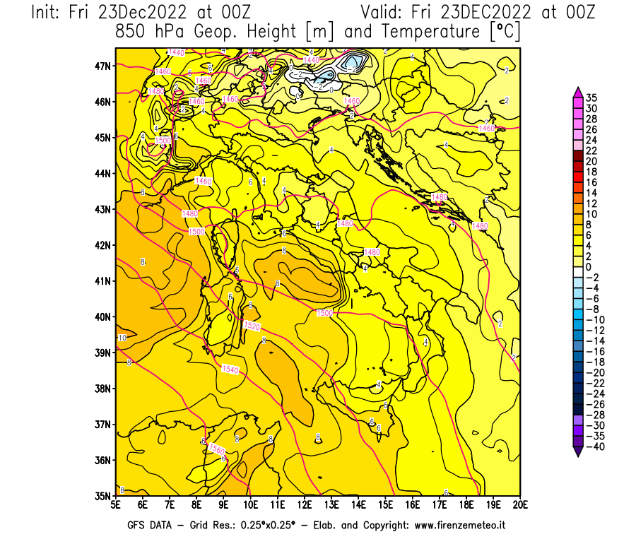 Mappa di analisi GFS - Geopotenziale [m] e Temperatura [°C] a 850 hPa in Italia
							del 23/12/2022 00 <!--googleoff: index-->UTC<!--googleon: index-->