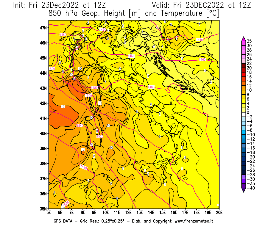Mappa di analisi GFS - Geopotenziale [m] e Temperatura [°C] a 850 hPa in Italia
							del 23/12/2022 12 <!--googleoff: index-->UTC<!--googleon: index-->