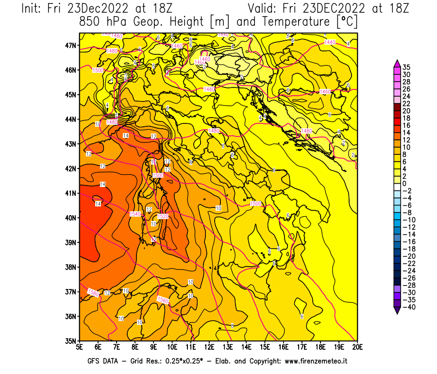 Mappa di analisi GFS - Geopotenziale [m] e Temperatura [°C] a 850 hPa in Italia
							del 23/12/2022 18 <!--googleoff: index-->UTC<!--googleon: index-->