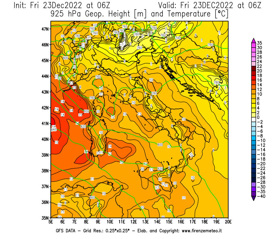 Mappa di analisi GFS - Geopotenziale [m] e Temperatura [°C] a 925 hPa in Italia
							del 23/12/2022 06 <!--googleoff: index-->UTC<!--googleon: index-->