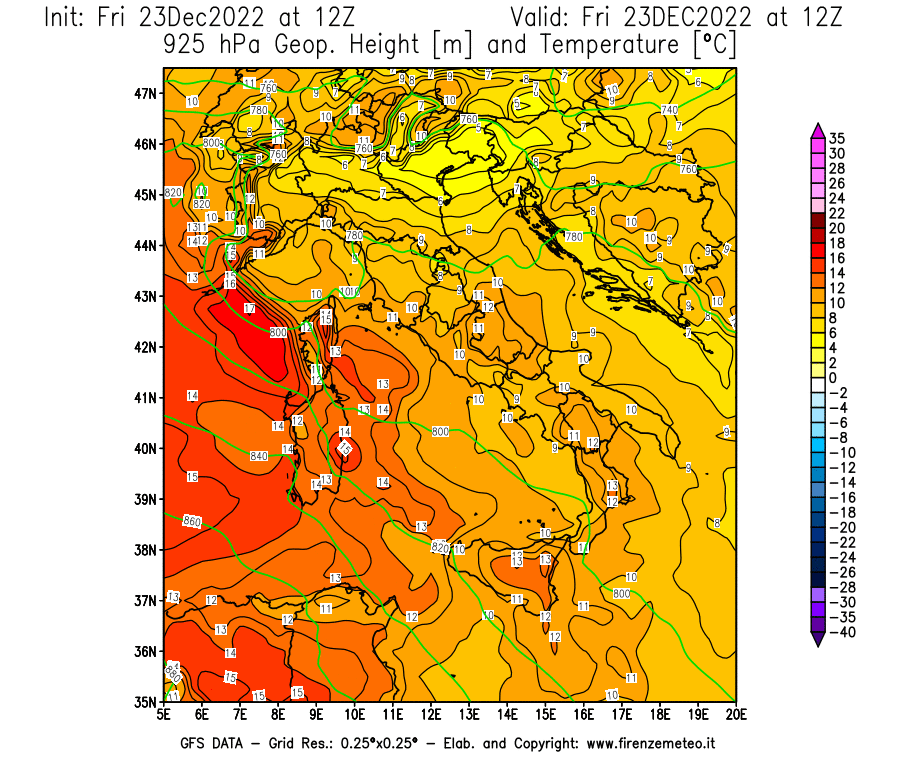 Mappa di analisi GFS - Geopotenziale [m] e Temperatura [°C] a 925 hPa in Italia
							del 23/12/2022 12 <!--googleoff: index-->UTC<!--googleon: index-->