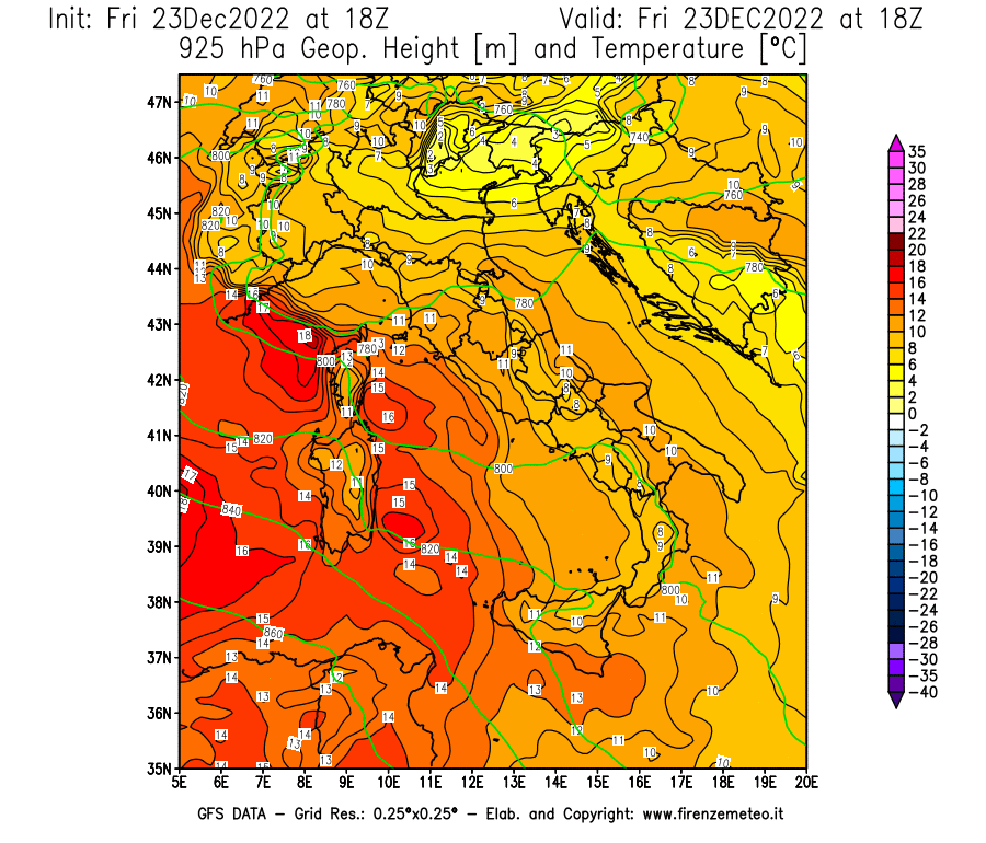 Mappa di analisi GFS - Geopotenziale [m] e Temperatura [°C] a 925 hPa in Italia
							del 23/12/2022 18 <!--googleoff: index-->UTC<!--googleon: index-->