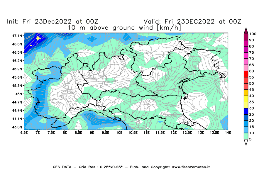 Mappa di analisi GFS - Velocità del vento a 10 metri dal suolo [km/h] in Nord-Italia
							del 23/12/2022 00 <!--googleoff: index-->UTC<!--googleon: index-->