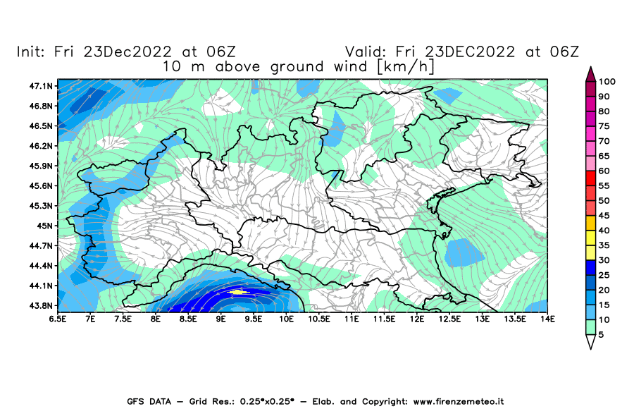 Mappa di analisi GFS - Velocità del vento a 10 metri dal suolo [km/h] in Nord-Italia
							del 23/12/2022 06 <!--googleoff: index-->UTC<!--googleon: index-->